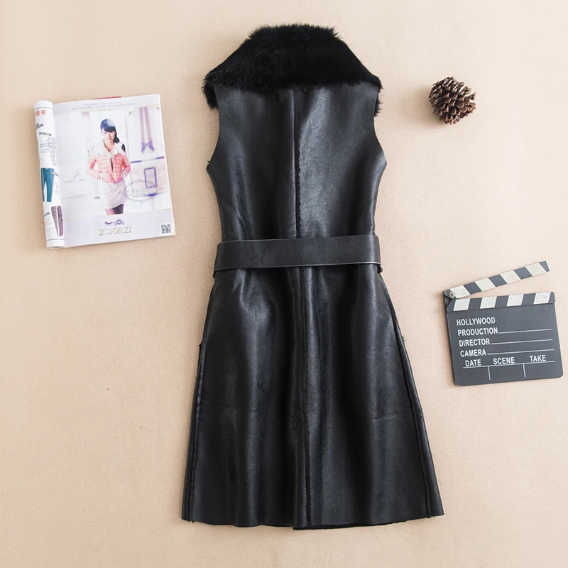 Autumn Winter Women Vest  Velvet Vest Warm Thickened PU Skin Long Coat Turn-down Collar Slim belted Vest Jacket