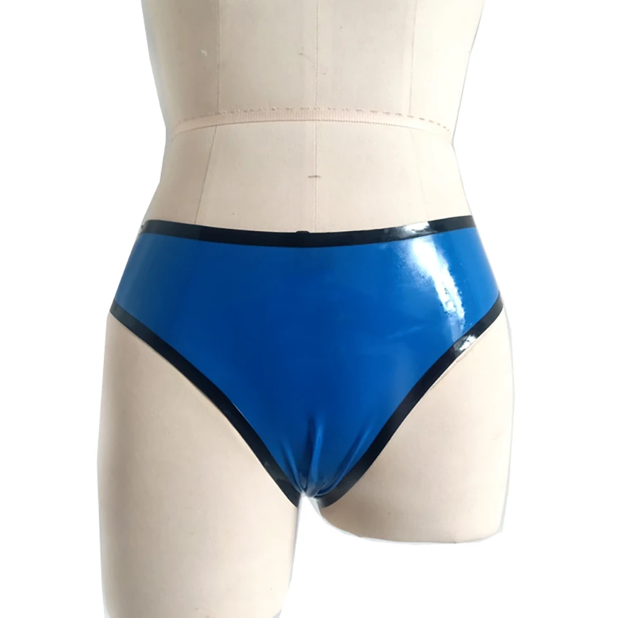 Natural Latex Women Briefs Blue and Black Rubber Tight Shorts Plus Size Custom Made Handmade Panties RPW084