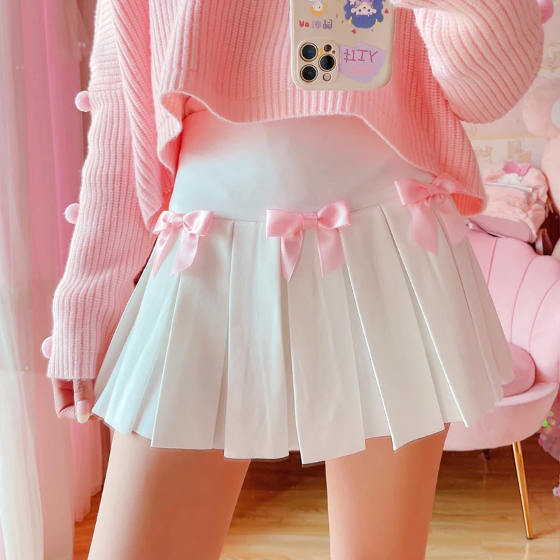 Autumn Kawaii Bow Pleated Mini Skirt Women Korean Fashion School Girls Uniform High Waist Skater Tennis Flare White Short Skirts