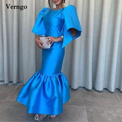 Verngo Modest Arabic Blue Satin Evenning Dress O-neck Half Sleeves Mermaid Prom Gowns Ankle Length Women Event Dress Customized
