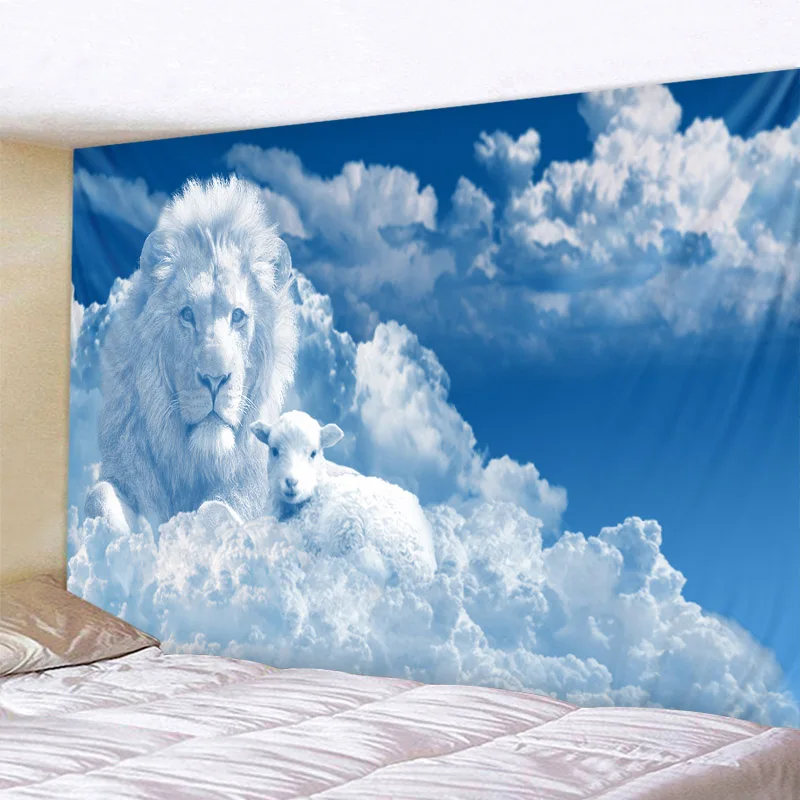 Sky Cloud Art Lion Tapestry Starry Wolf Moon Thin Beach Towel Polyester Yoga Blanket Bohemian Psychedelic Home Wall Decoration