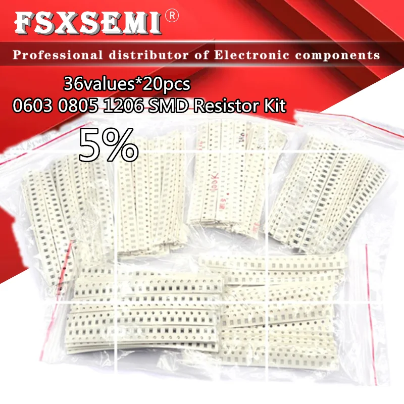 

36Values*20pcs=720pcs 0603 0805 1206 SMD Resistor Kit Sample bag 5% 1ohm~10M ohm SMD resistors Assorted Kit 1R 1K 100K 10k 1M