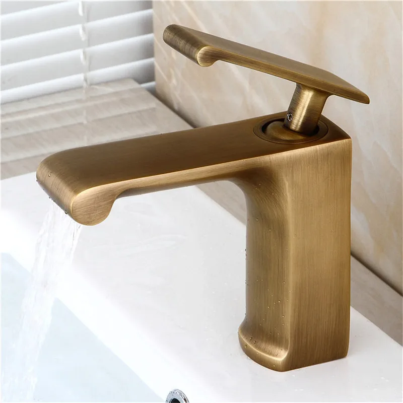 

Bathroom Basin Faucets Antique Brass Sink Mixer Tap Hot & Cold Single Handle Deck Mounted Lavatory Waterfall Crane Black/Chrome