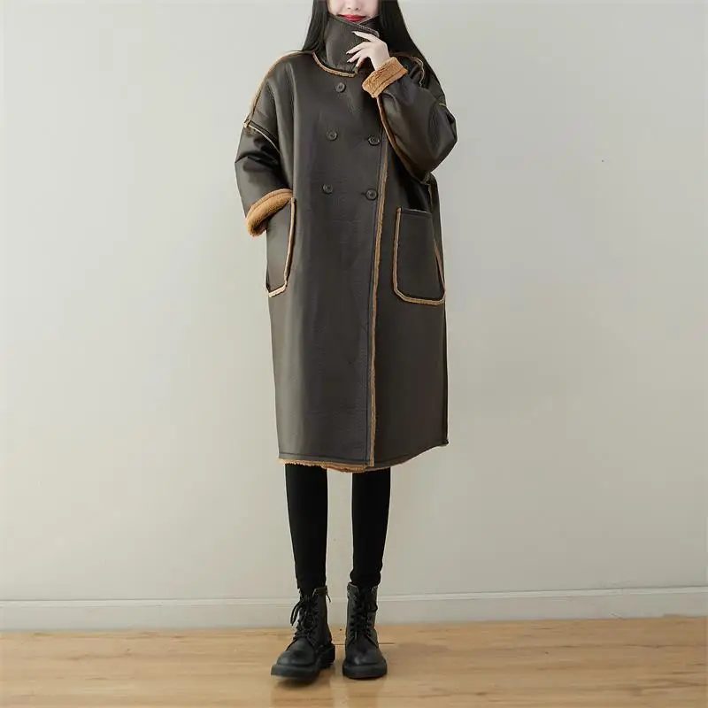 Female new winter Korean style with velvet long outerwear thick loose plus size PU coat