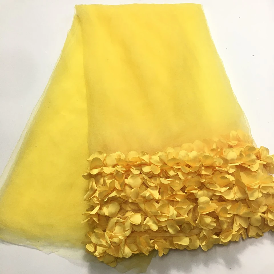 Yellow Fashion French Lace Fabric High Quality African Tulle Embroidered 3D Flower Net Nigerian Lace Fabric For Wedding M4676