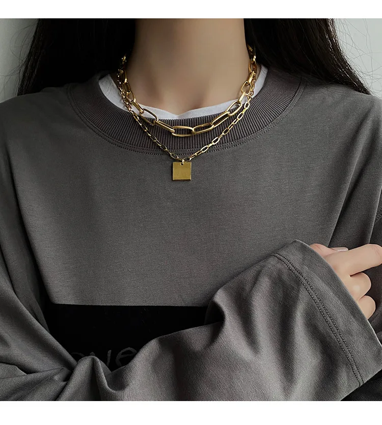 Retro square necklace is a hot new special design with double stacked titanium steel clavicle chain Jewelry