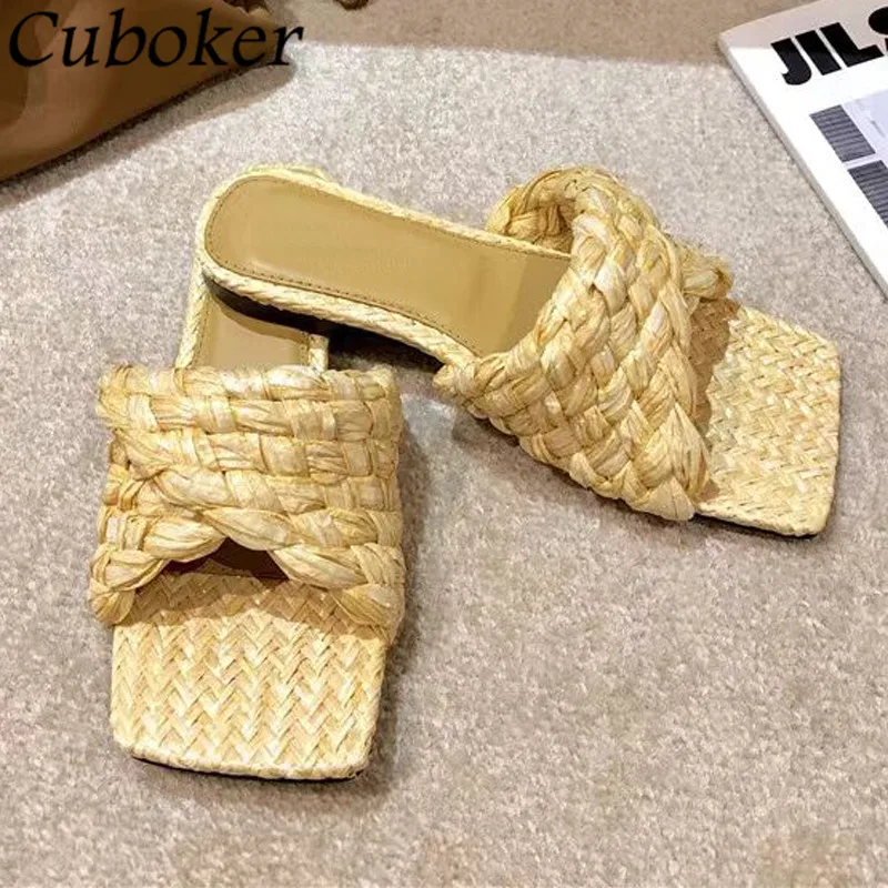 Designer Women Flat Slippers Braid Fold Square Toe Mules Platform Summer Slides Runway Vacation Beach 2021 Causal Sandals Woman