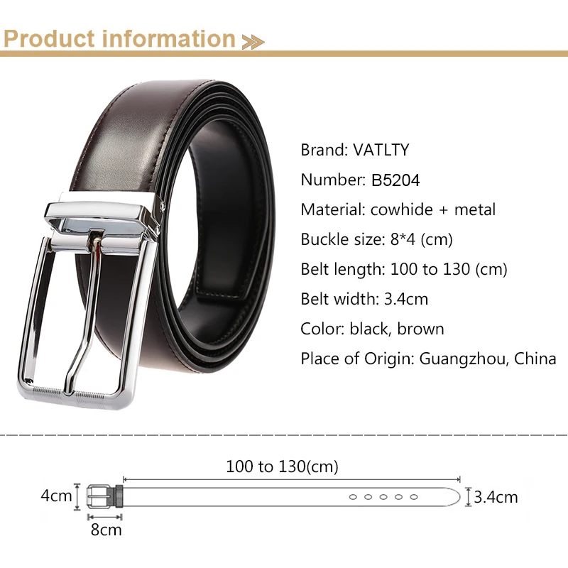 VATLTY New Men's Belt Hard Metal Buckle Trouser Belt Natural Cowhide Casual Leather Belt 130cm Silver Buckle Brown Girdles Male