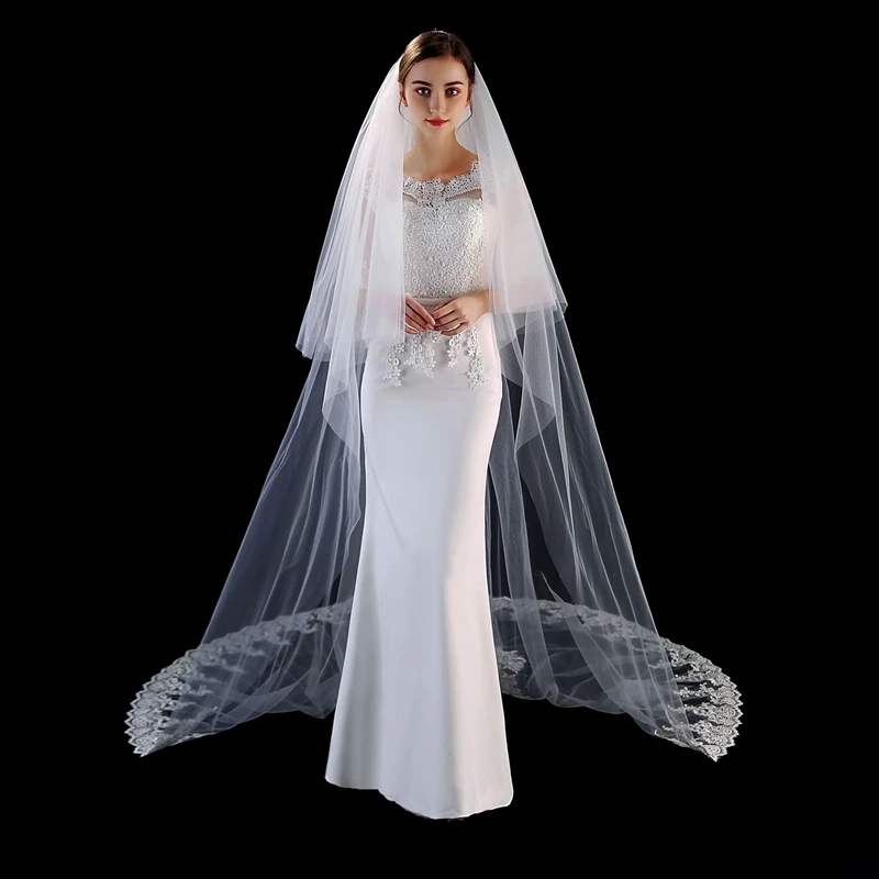 New Arrival Ivory Cathedral Wedding Veils Two Layers with Comb Lace Applique Matrimonio boda Wedding accessories Wedding Veil