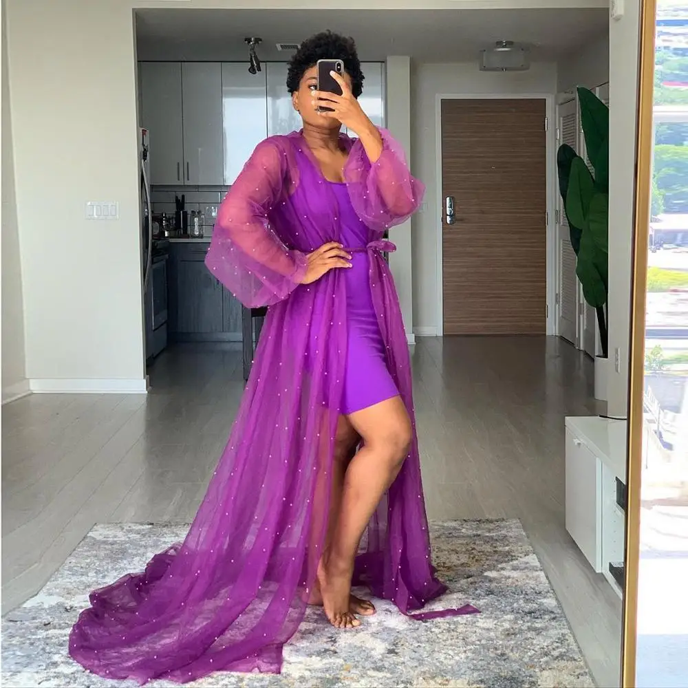 New Fashion Purple Long Tulle Robes With Pearls Women Custom Made Long Sheer Tullle Pearl Robe Dresses Party Dress Plus Size