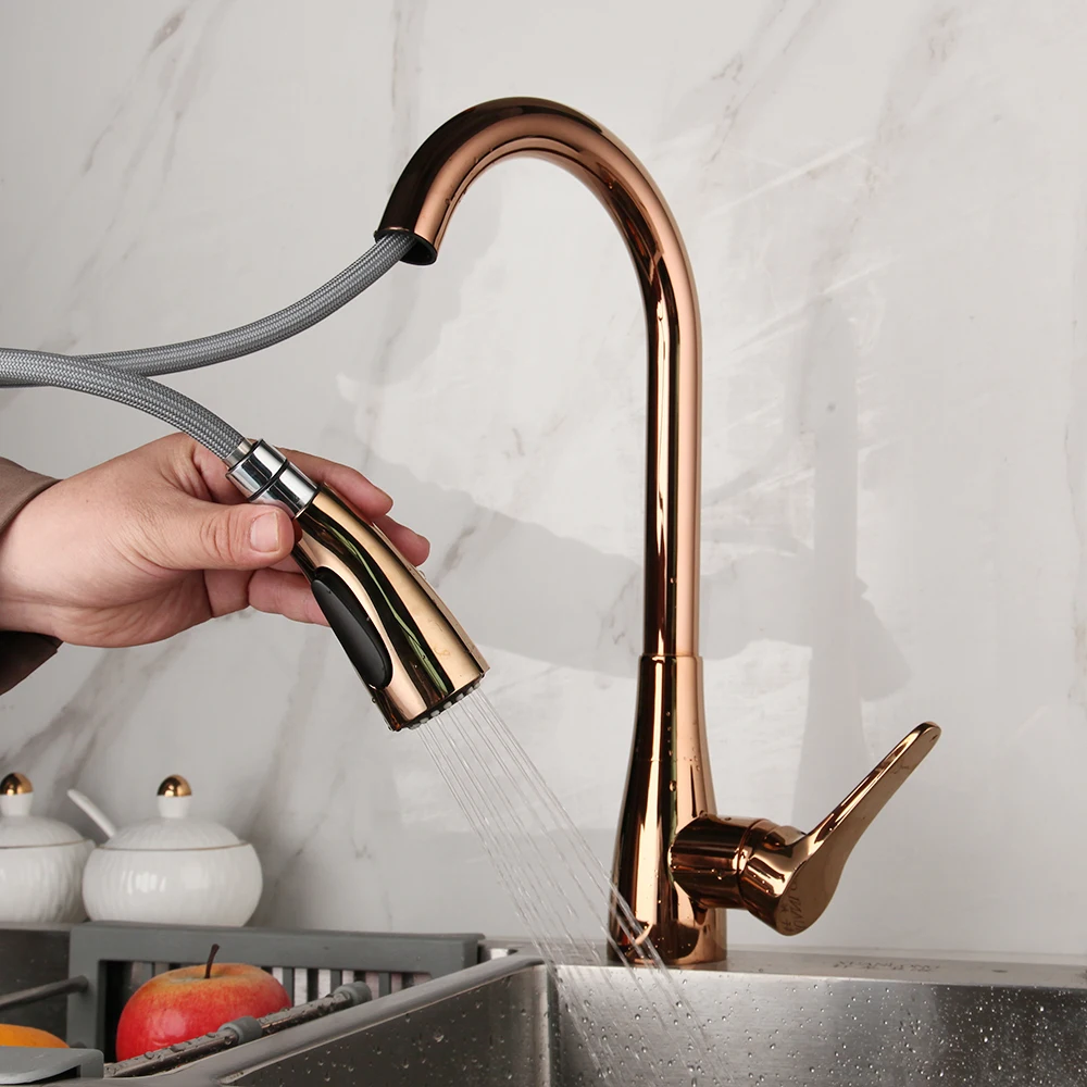 KEMAIDI Rose Gold Kitchen Sink Faucet Black Single Handle Pull Out Kitchen Tap Single Hole Taps 360 Swivel Hot Cold  Water Mixer