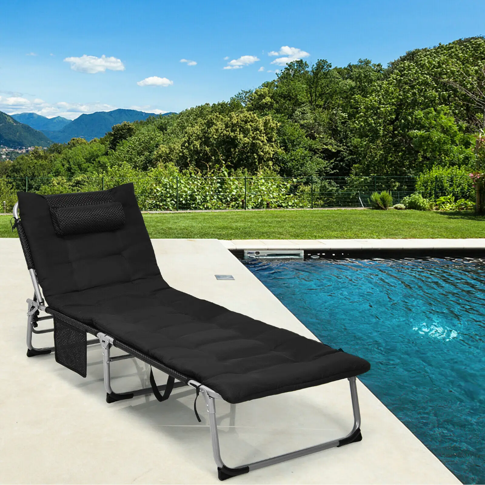 Costway 4-Fold Oversize Padded Folding Chaise Lounge Chair Reclining Chair Black