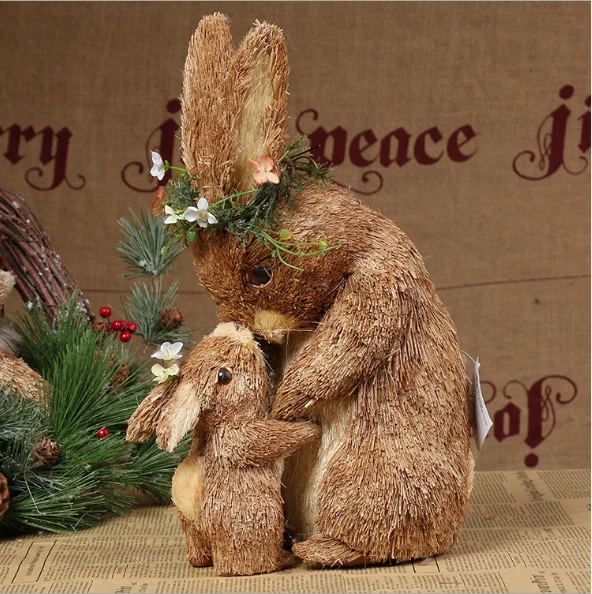 24x15x33cm Handicraft Cute Mother And Child Rabbits with Brown Cattail Flowers Straw Craft Easter Mother's Day Gift Accessory