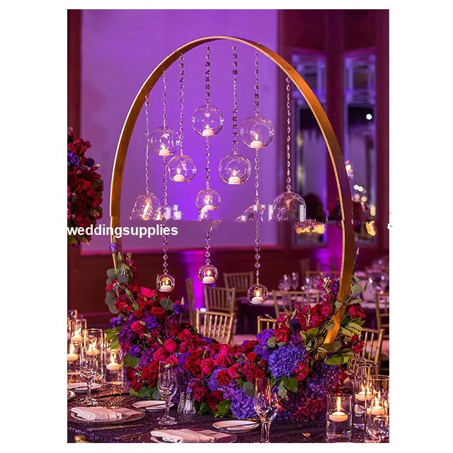 mental stand only)Gold Round Circle Ring Moon Hoop Wreath hangging crystal  Table Wedding Centerpiece senyu2515