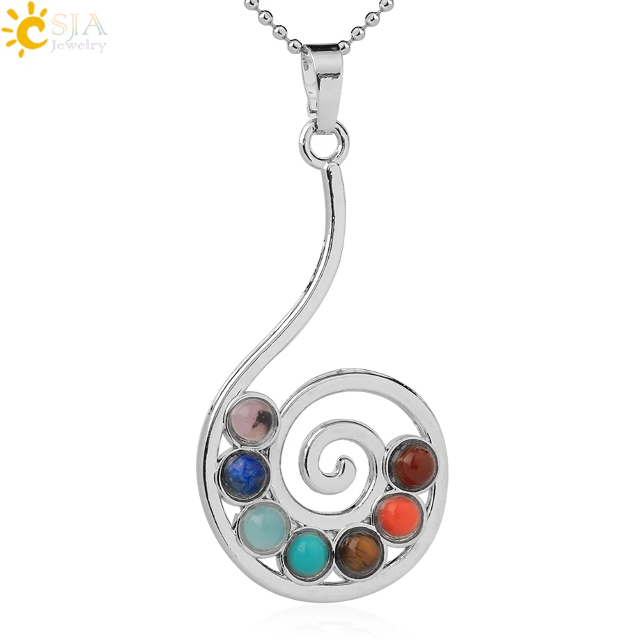 CSJA 1pc 2016 New Fashion Yoga Reiki Symbols piedras pendentif chaine 7 Chakras Healing Stones Pendant Necklace Pendulum E038