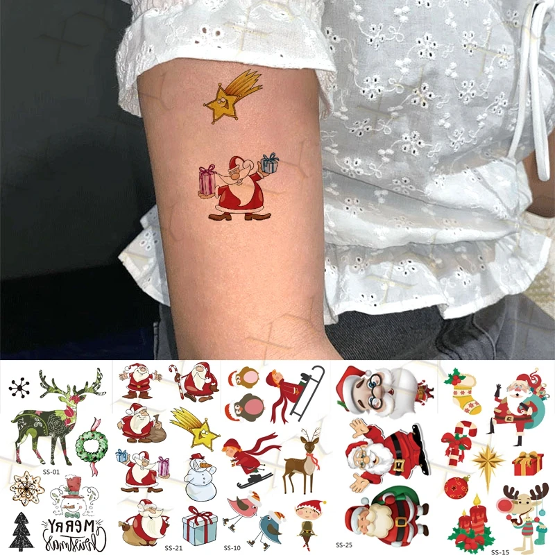 Christmas Waterproof Temporary Tattoo Stickers Snowman Elk Tatto  New Year Tree Body  Art Flash Fake Tatoo for Men Women Kids