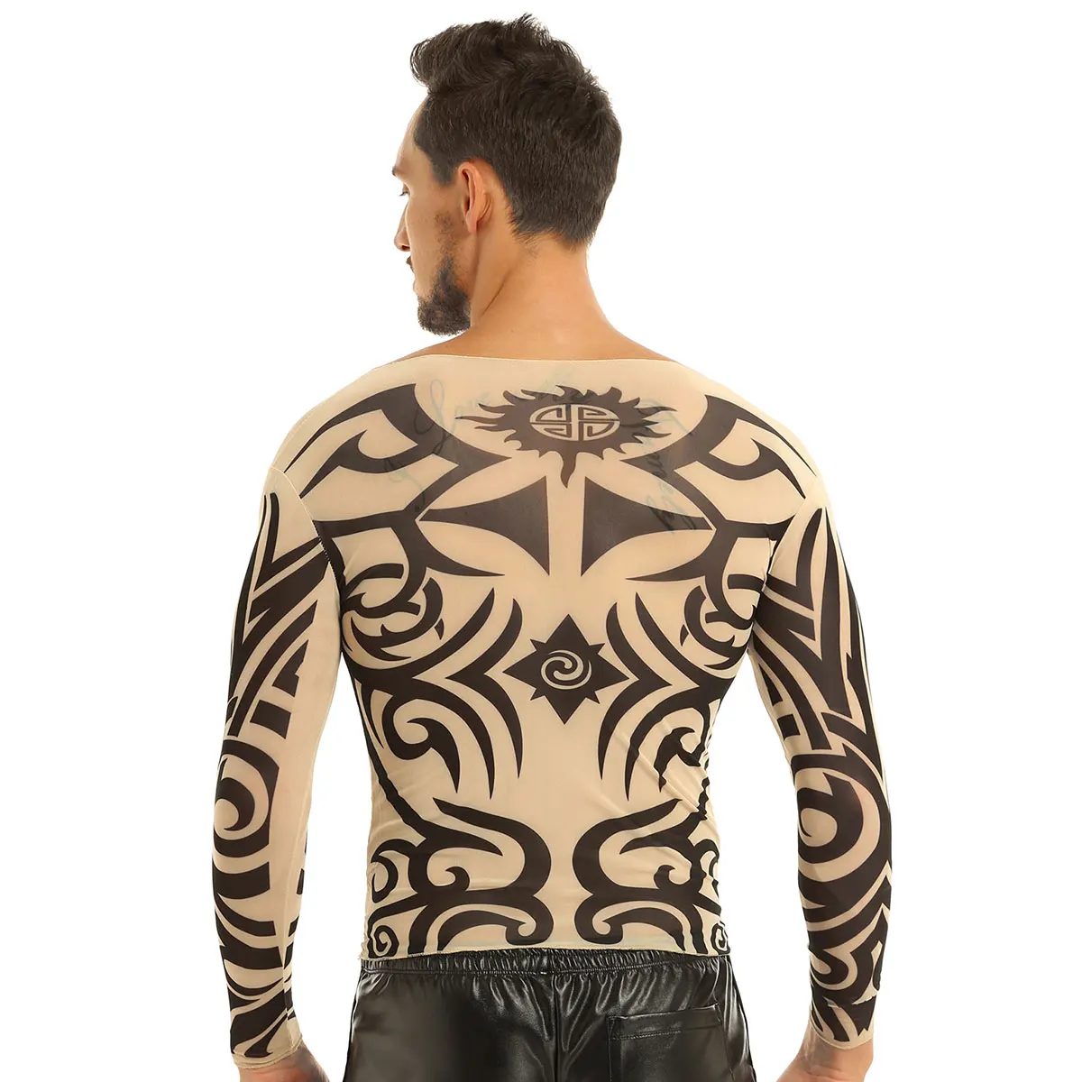 Men's Tattoo T-Shirts O-Neck See Through Long Sleeve Fake Tattoos Printed Design Stretchy Sexy Tops Male Fancy Party Costume