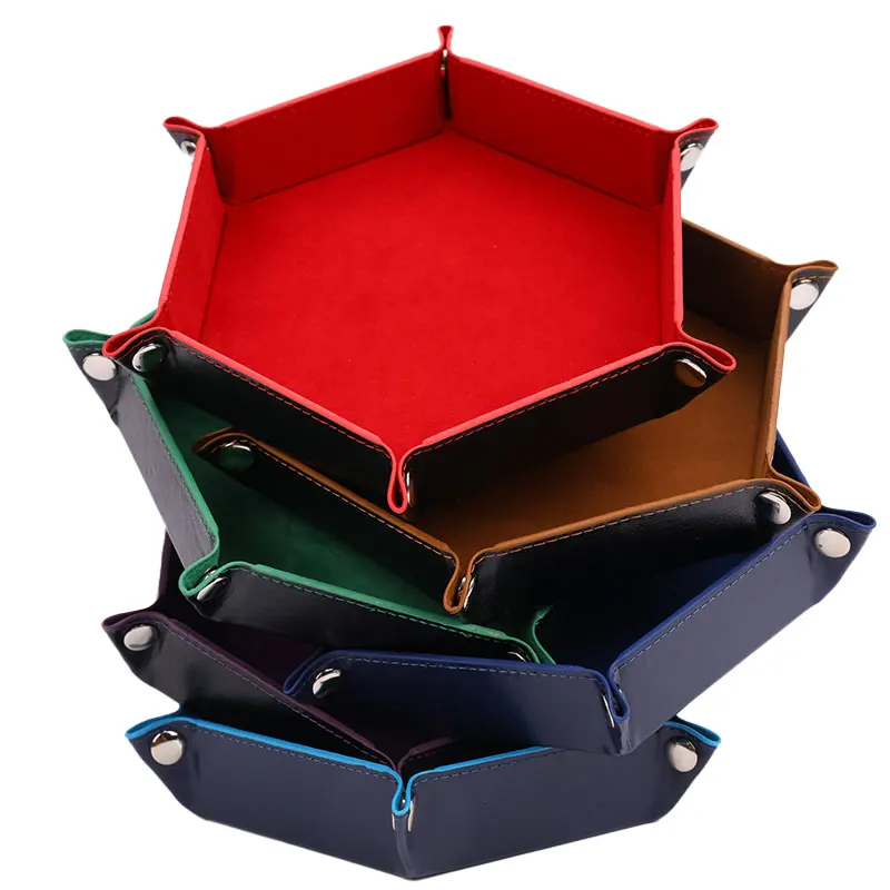 New Foldable Dice Hexagonal Tray Box PU Leather Desktop Storage Box Folding Hexagon Coin Square Tray Dice Game 6 Styles