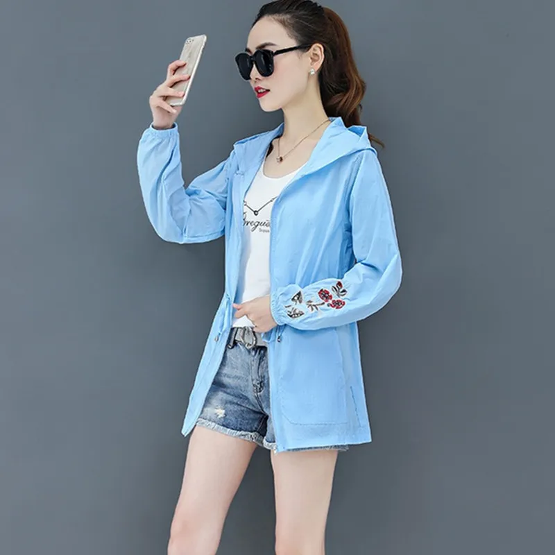 UHYTGF Fashion Hooded Sun Protection Clothing Summer Coat Womens Embroidered Long Sleeve Breathable Thin Tops Jacket Female 1005