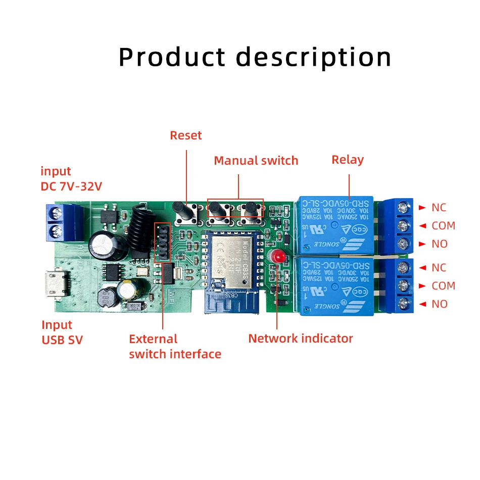 Tuya Smart WIFI 2CH Switch Module for Lights Garage Door Gate,DC 5V 12V 24V 32V,2 Channel Button RF 433Mhz Remote Control Relay