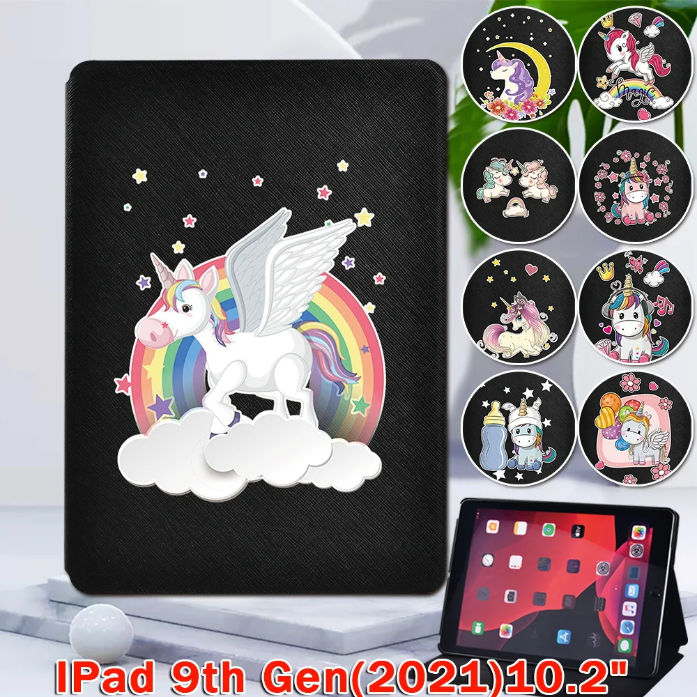 

ase for Apple IPad (2021) 9th Generation 10.2 inch Cute Unicon Pattern Leather Tablet Folding Stand Cover for NEW ipad 9 Case