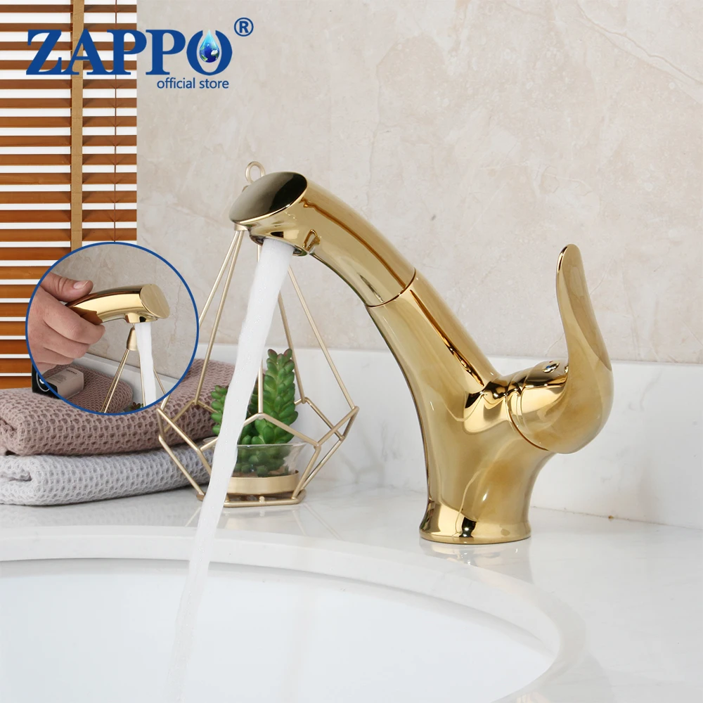 

ZAPPO Solid Brass Golden Plated Rotated Bathroom Basin Mixer Tap Pull Out Kitchen Faucets Bathroom Basin Kitchen Mixer Tap