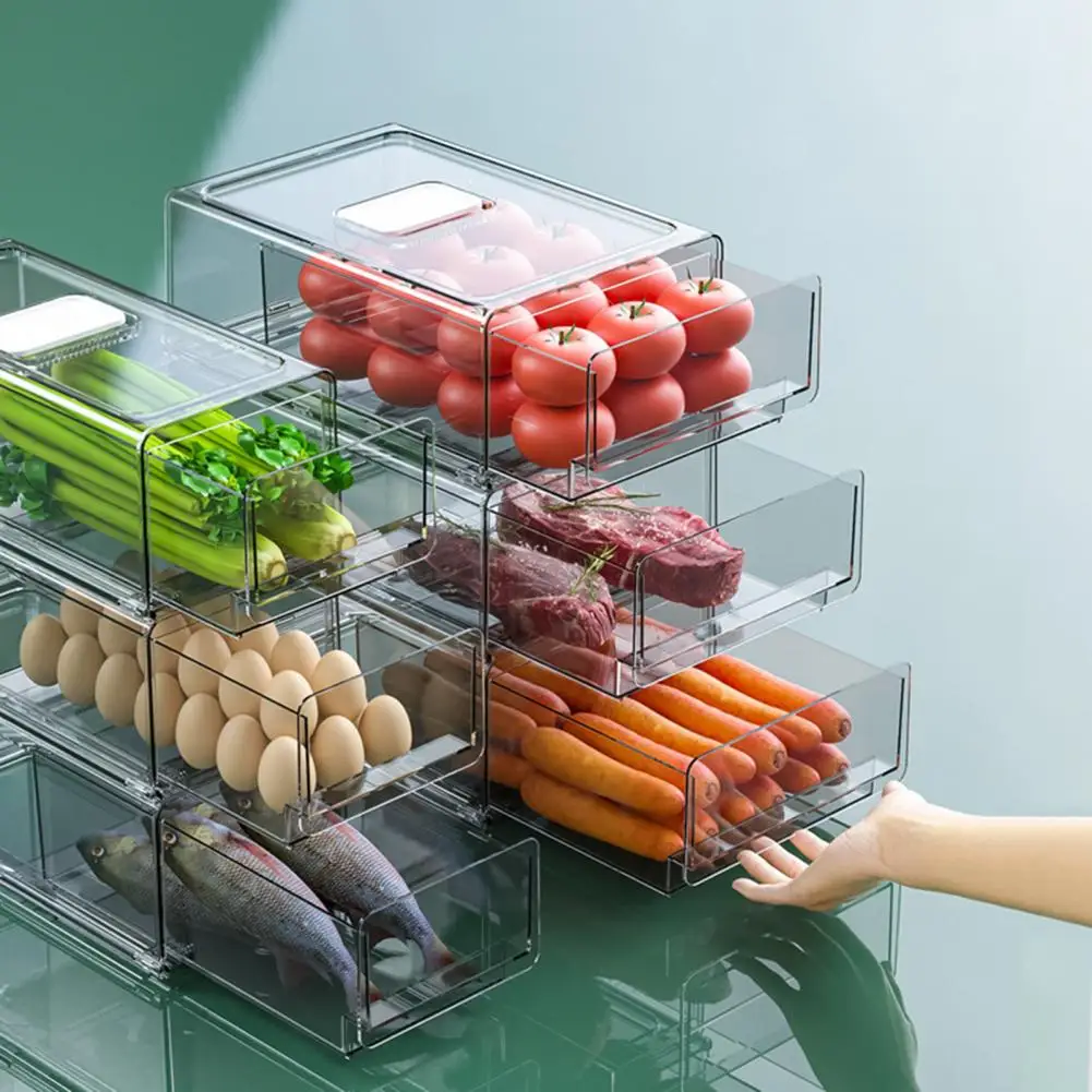 Refrigerator Fruits Organizer with Lid Vegetable Storage Box Sealed Stable Transparent Eggs Storage Box Drawer Rack Fruit Case