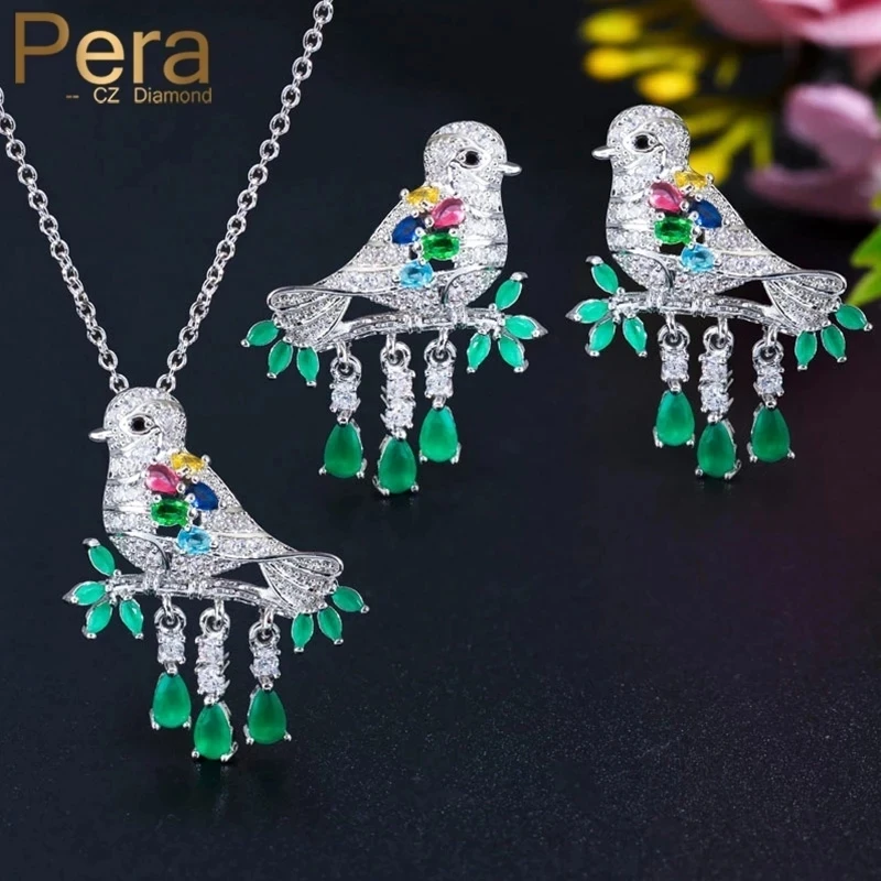 

Pera Unique Fashion Women Bird Design Silver Color Jewelry Big Green Cubic Zirconia Animal Drop Necklace Earrings Set J272