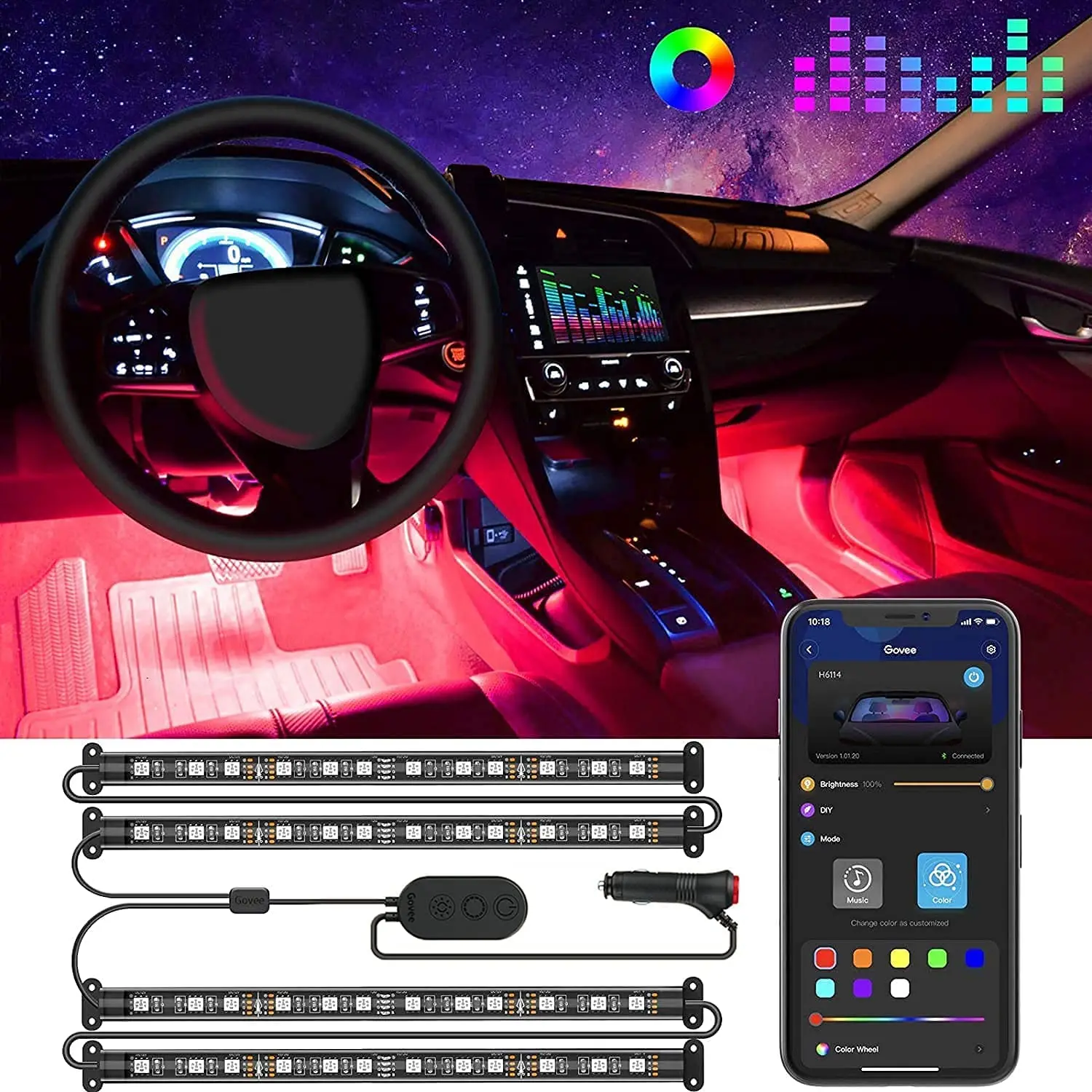 

2021 LED Car Foot Light Ambient Lamp With USB Wireless Remote Music Control Multiple Modes Automotive Interior Decorative Lights