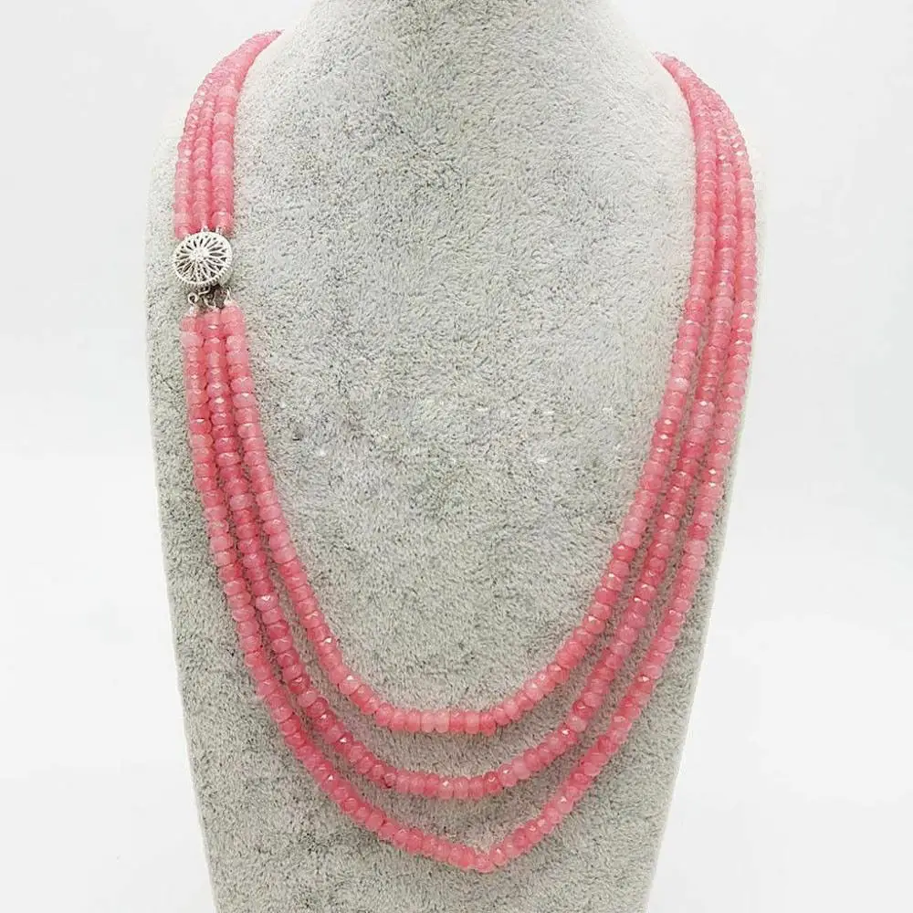 

Women's 3 Rows 2x4mm Faceted Pink Jade Rondelle Beads Necklace 18-20''