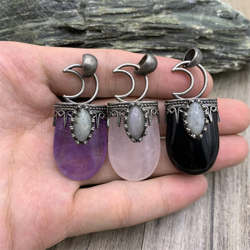 10PCS Natural Amethysts Crystal Rose Quartzs Vintage Stone Moon Pendant,Labradorite Bead Paved Agates Charms