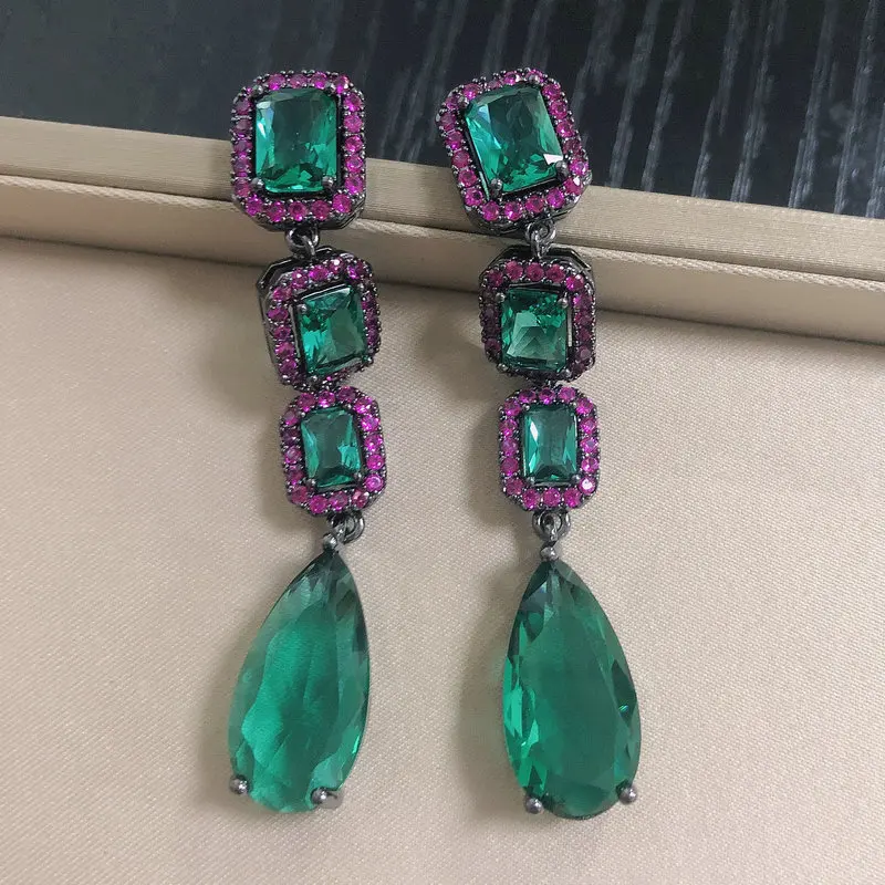 Bilincolor Fashion Long Evening Dark Green Cubic Zirconia Earring for Women