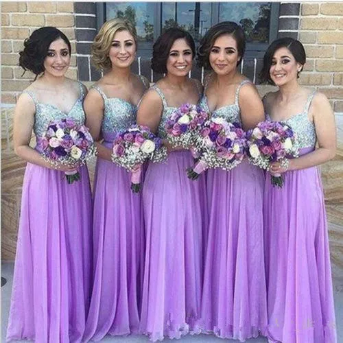 

Lavender Cheap Bridesmaid Dresses Under 50 A-line Spaghetti Straps Chiffon Beaded Long Wedding Party Dresses