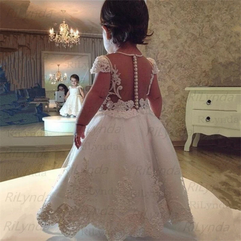 Robe à fleurs blanche pour filles, col rond, Tulle, en dentelle, application élégante, robe de bal de concours de fête de première Communion