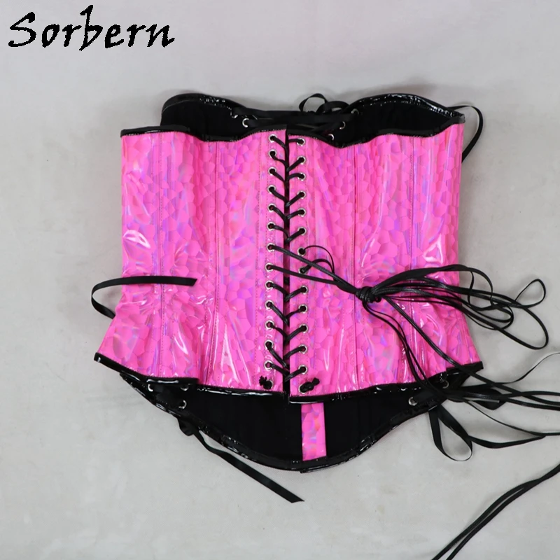 Sorbern Black Laser Women Corset Sexy Fetish U-Shaped Cup Support Breast Steel Bustiers With Corset Lace Up Back Hourglass