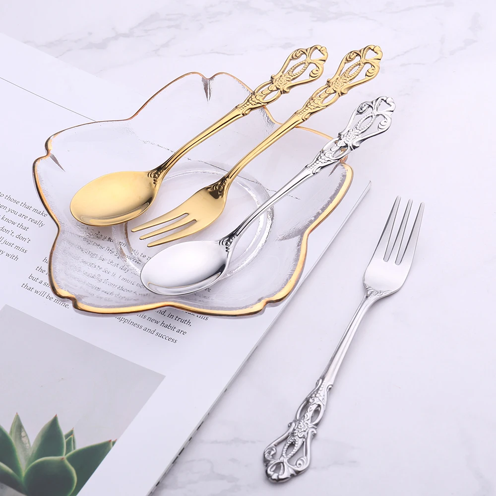 6pcs Royal Spoon Fork Set Gold Stainless Steel Luxury Dinnerware Ice Afternoon Tea Kitchen Dessert Tableware Silverware Gift