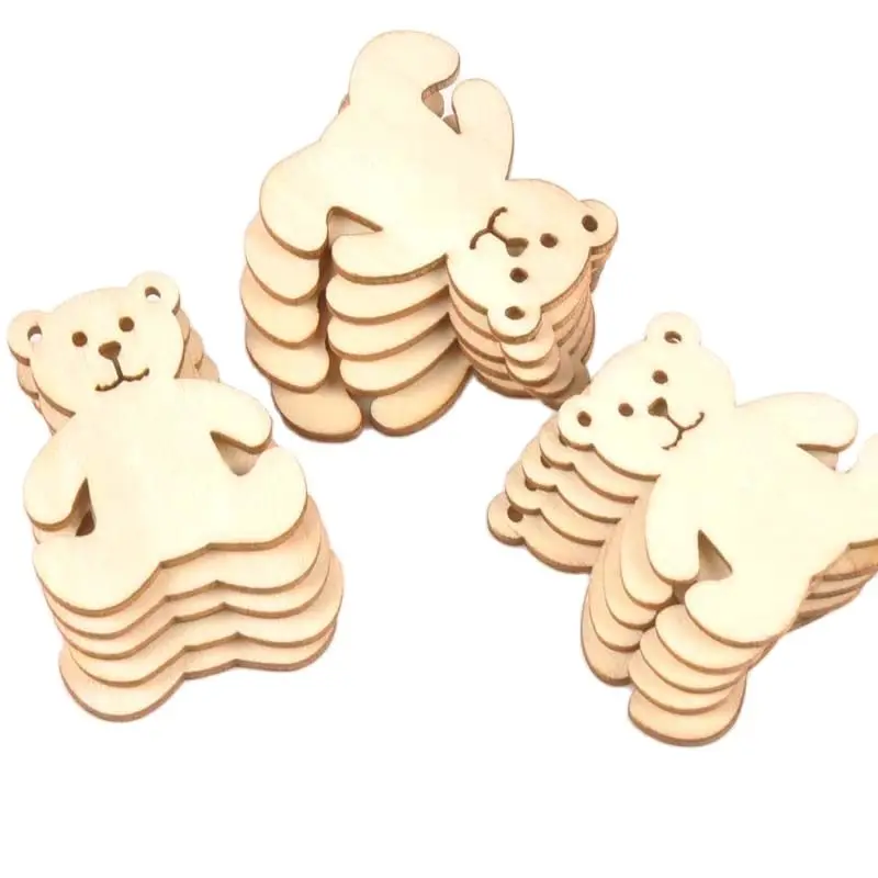 10pcs 41x48mm Bear Pattern Wood DIY Crafts Scrapbook DIY For Home Decor Natural Wooden Ornaments Accessories Embellishment m1757