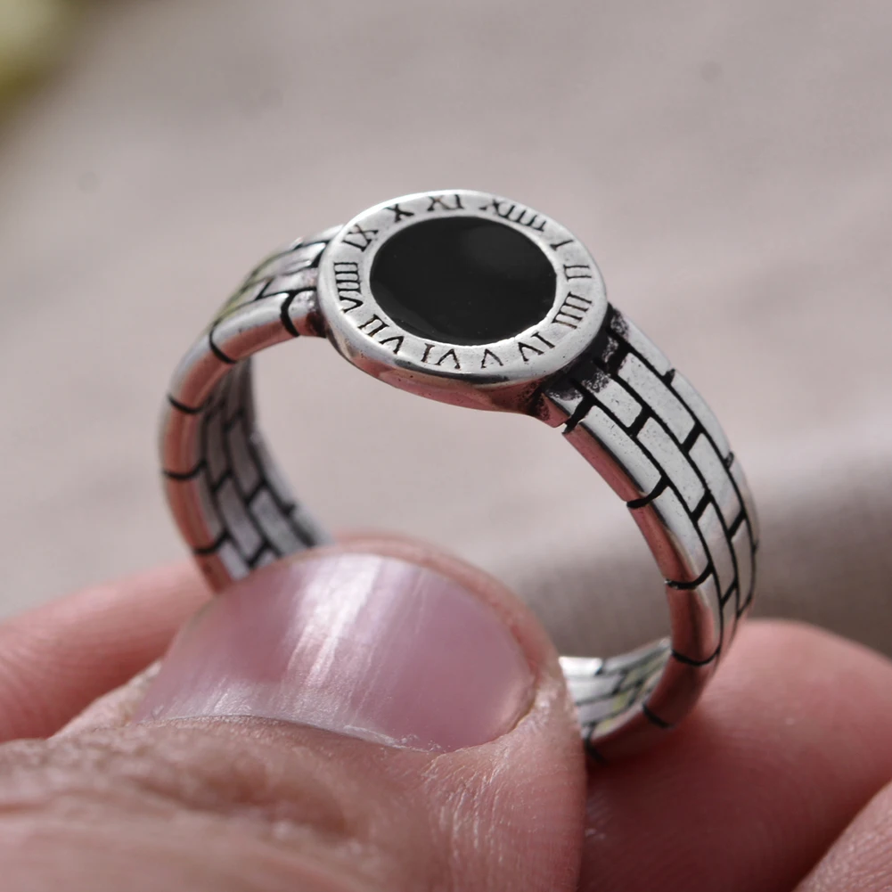 2023 New Arrival Fashion Black Resin Roman Alphabet Thai Silver Lady Ring Promotion Jewelry Women Party Gifts No Fade
