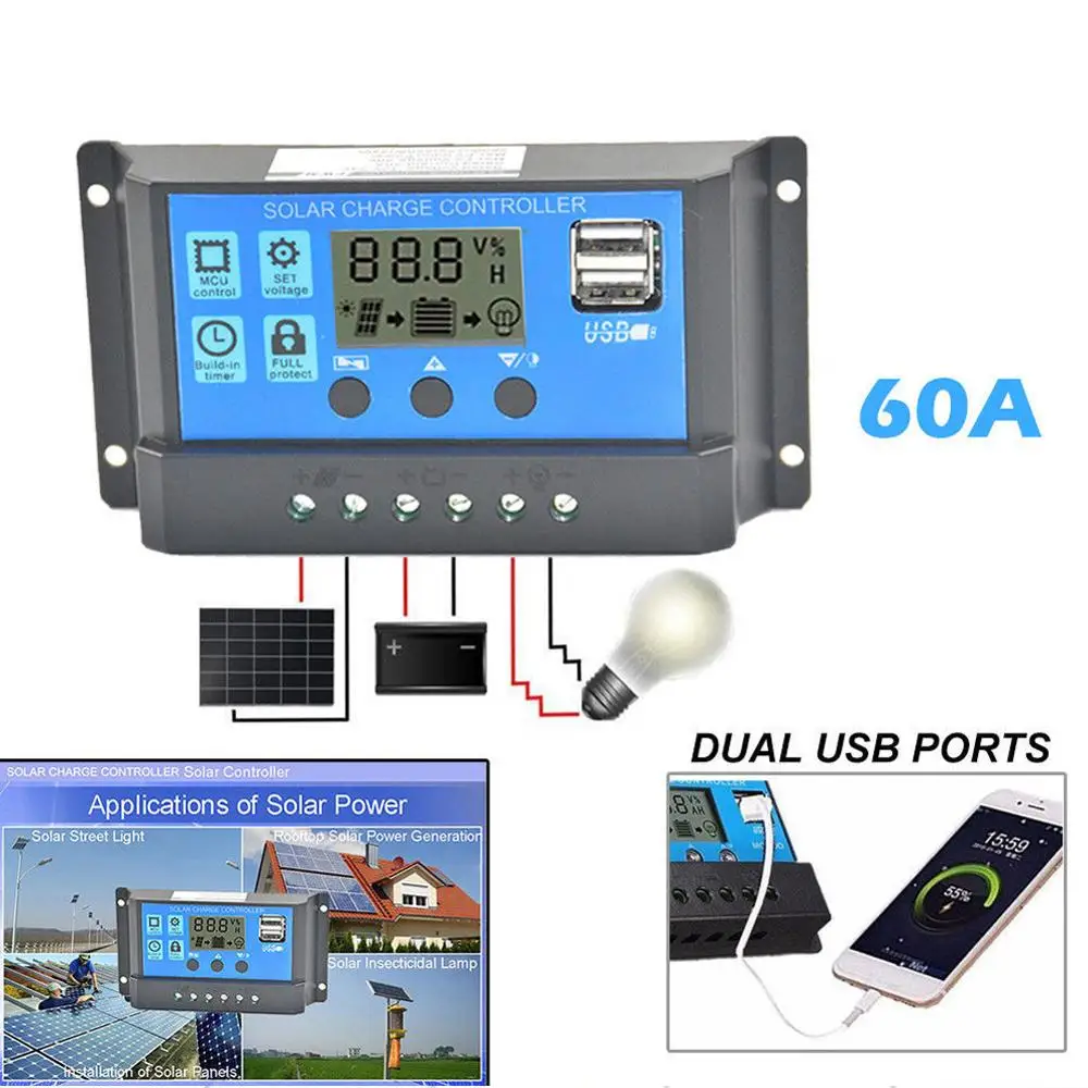 Controlador de cargador de Panel Solar 60A 12V/24V, regulador de batería, controlador de sistema Solar con pantalla LCD USB Dual, gran oferta