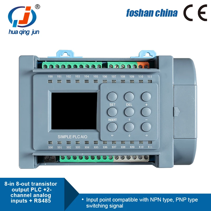 Huaqingjun 8-in 8-out ทรานซิสเตอร์เอาต์พุต PLC 2AI 0-10V 0-20mA RS485 Modbus PLC สําหรับเซนเซอร์