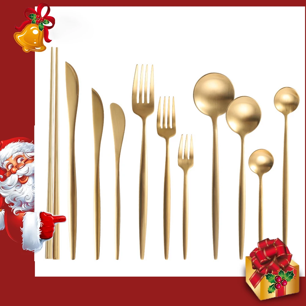 Spklifey Gold Cutlery set Forks Knives Spoons Chopsticks Stainless Steel Gold Dinnerware Set Western Tableware Flatware set