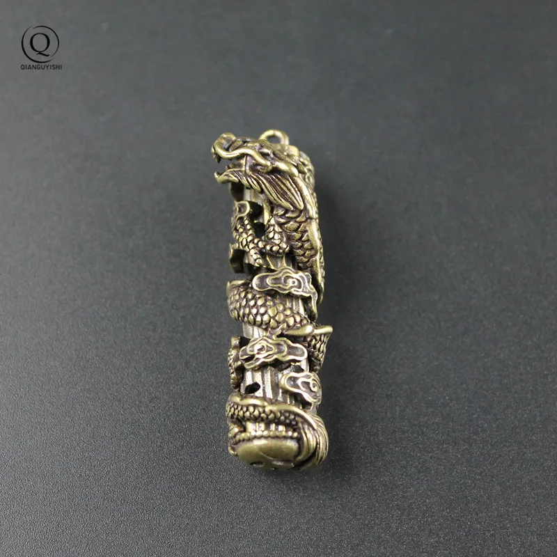 Pure Brass Cylindrical Huabiao Dragon Hollow Out Dragon Keychain Retro Copper  Hanging Car Key Chain Waist Pendant Ornament Jew