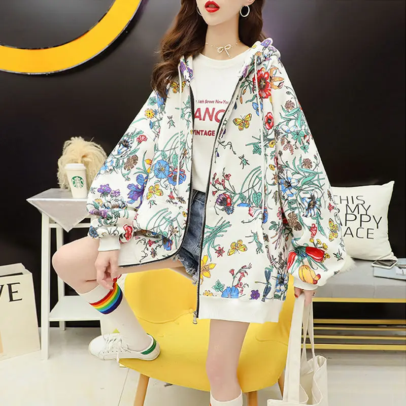 Winter Casual Retro Fleece Mid-length Women Hoody Sweatshirt Print Harajuku Beautiful Dragonfly Morning Glory Pullover Female