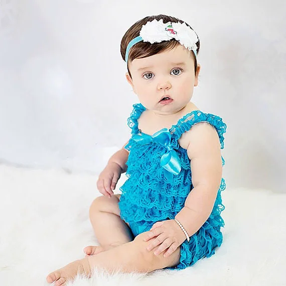 Hot Baby Royal Lace Romper Infant Girls Boy Posh Petti Ruffle Strap Romper with Ribbon Bow and Headband Kids Jumpsuit Cloth