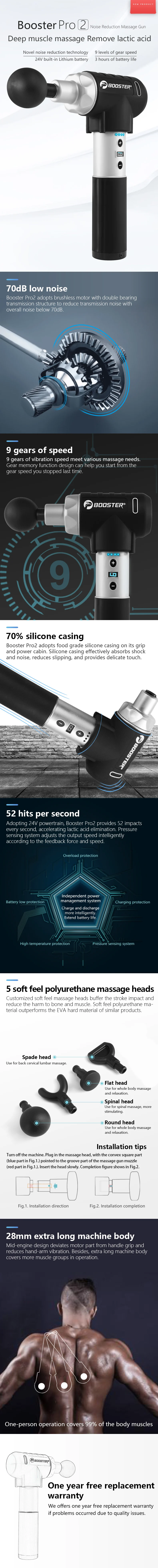 Booster Pro2 Deep Tissue Muscle Massage Gun Cordless Therapy Vibration Body Massager 5 Heads with Low Noise for Fitness Shaping