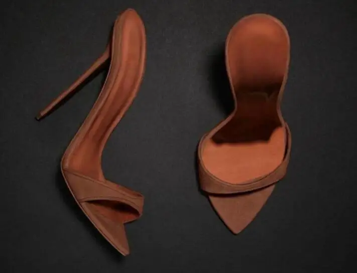 Nowe mody kobieta ciemny Nude Suede wskazał sandały z odkrytymi palcami kobiet Slip On buty na obcasie Sippers pompy sandały buty duży rozmiar 45