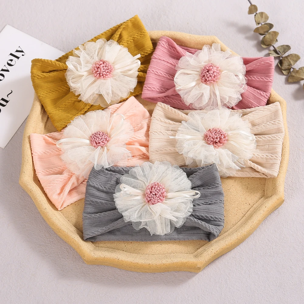 

12 PCS, Newborn Baby Mesh Flower Nylon Headbands, Cable Knit Turban Headwrap, Baby Shower Gift