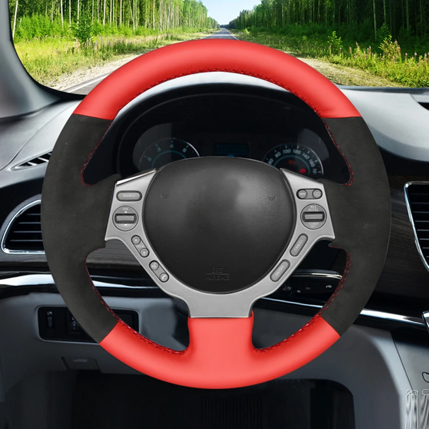 LQTENLEO Black Suede Red Leather Steering Wheel Cover For Nissan GTR GT-R (Nismo) 2008 2009 2010 2011 2012 2013 2014 2015 2016