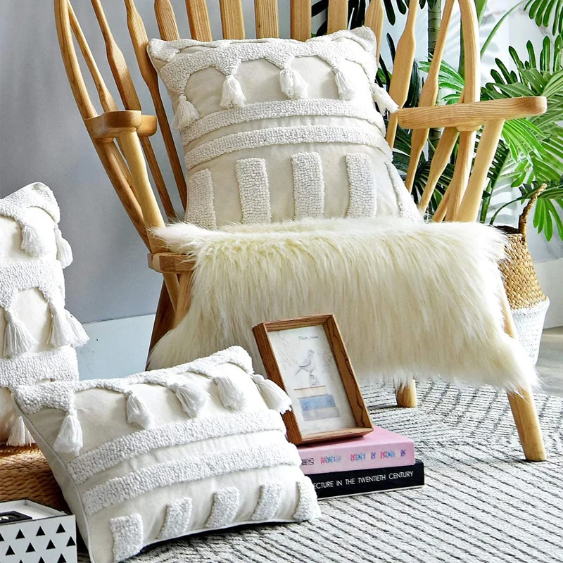 

Ivory cushion cover 45x45cm/30x50cm pillow cover Netural Boho Style Tuft Tassles for Home decoration Netural Living Room Bedroom