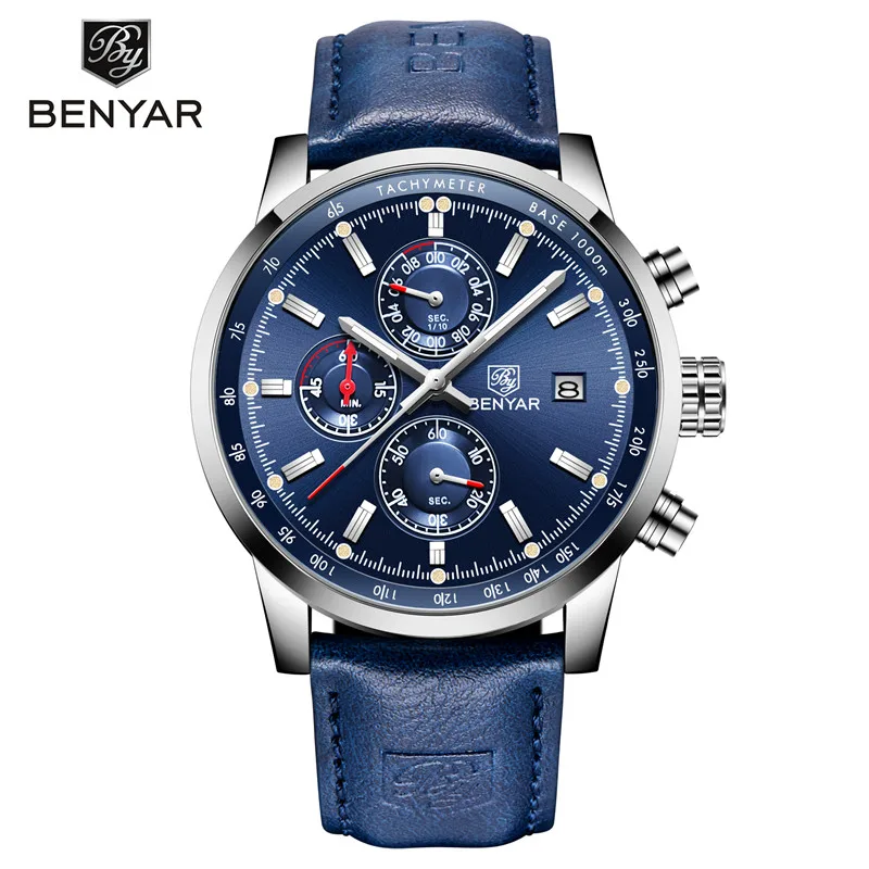 BENYAR Men\'s Watches Luxury Top Brand Quartz Chronograph Watch Fashion Sports Automatic Date Leather Men Clock Relogio Masculino